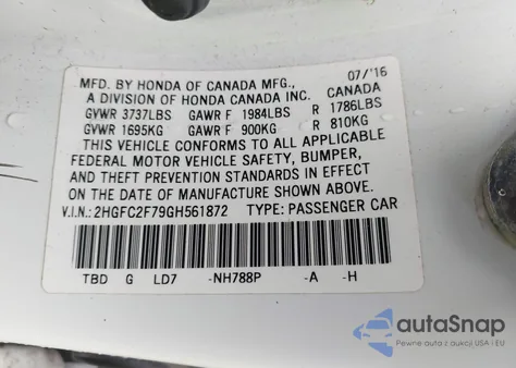 2016 Honda Civic Ex z USA, uszkodzony, nr VIN 2HGFC2F79GH561872